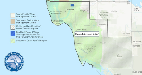 Map showing Lee and Collier counties, rainfall region boundaries