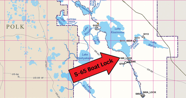 Red arrow on a map pointing at the S-65 Boat Lock