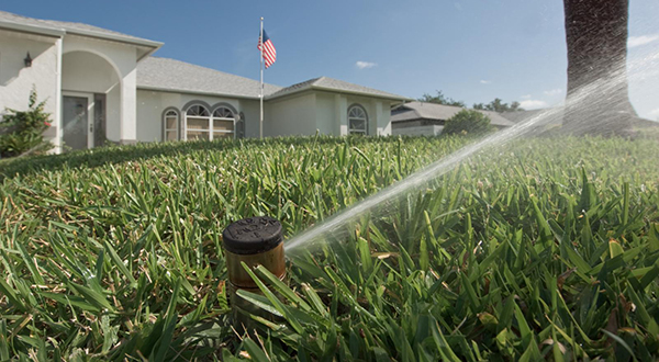 sprinkler watering grassy lawn