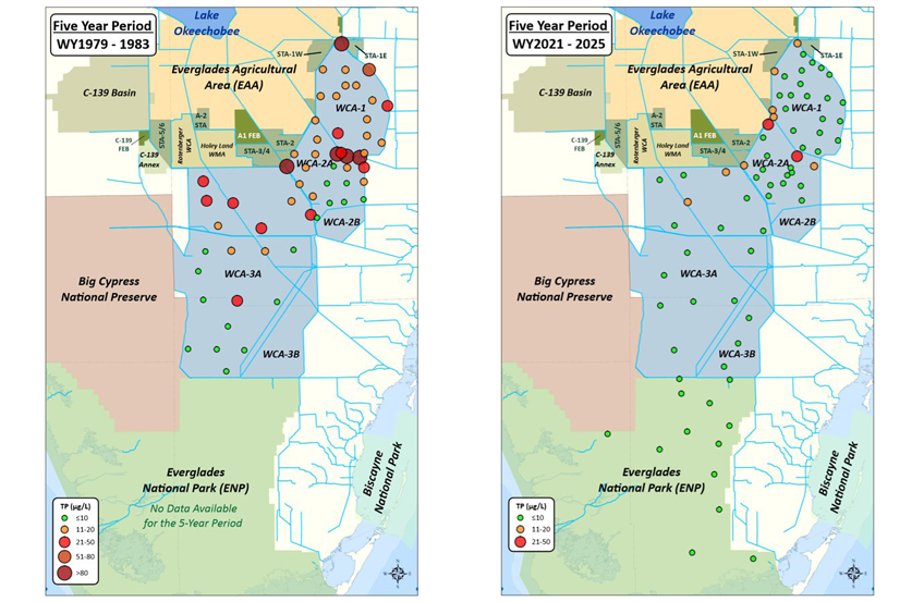 Side-by-side maps compare annual geometric mean total