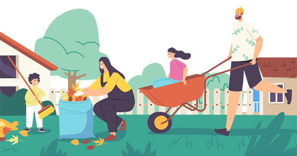 Illustration of people cleaning a yard