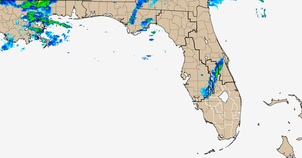 Weather radar map of Florida showing scattered rain bands