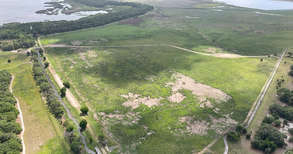 Aerial view of grassy wetlands with canals, dirt roads, and patches of open water.