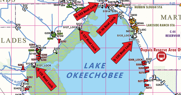 Map of Lake Okeechobee with arrows pointing at the boat lock closures
