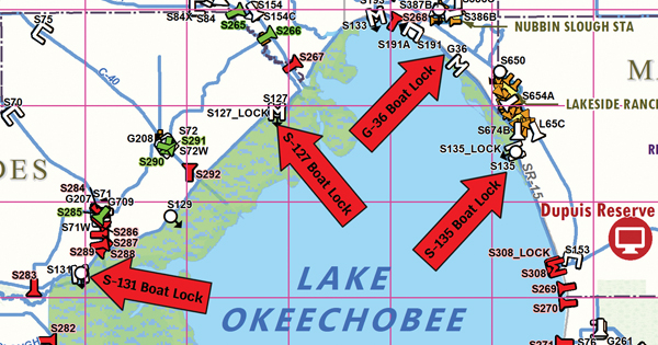 Map with red arrows pointing at closed boat locks