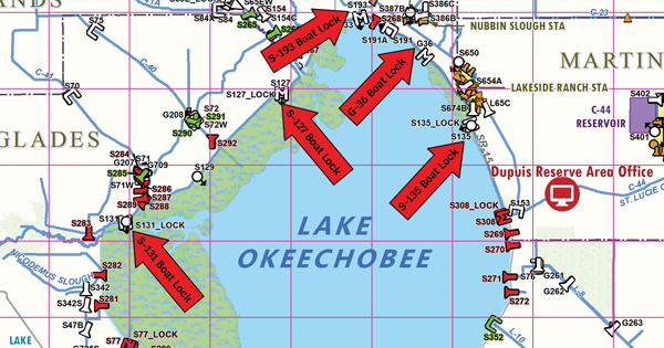 Arrows on a map showing the location of multiple boat locks near Lake Okeechobee.