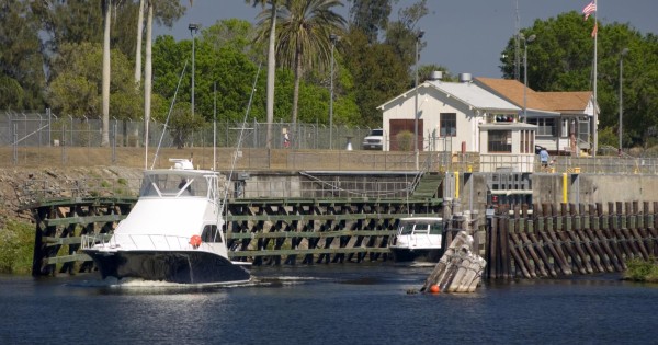 two boats passing through lock