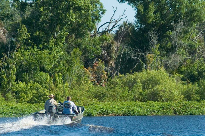 Motorboat cruising across water