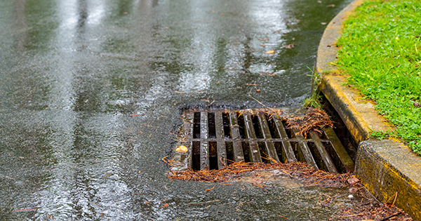 rain water running through storm drain