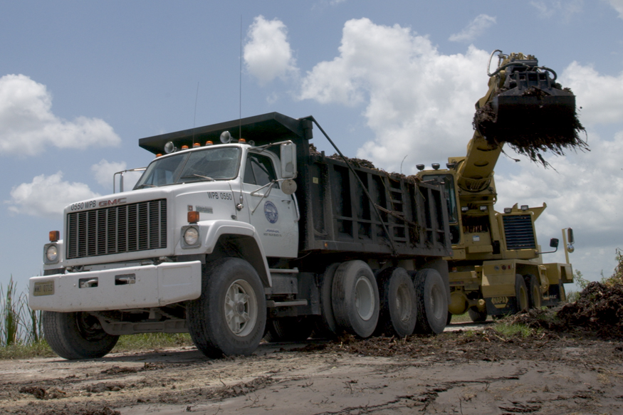 Excavator loads vegetation and debris into a large dump truck