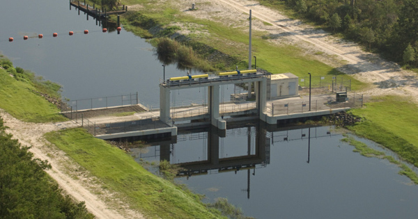 Aerial view of a water control structure